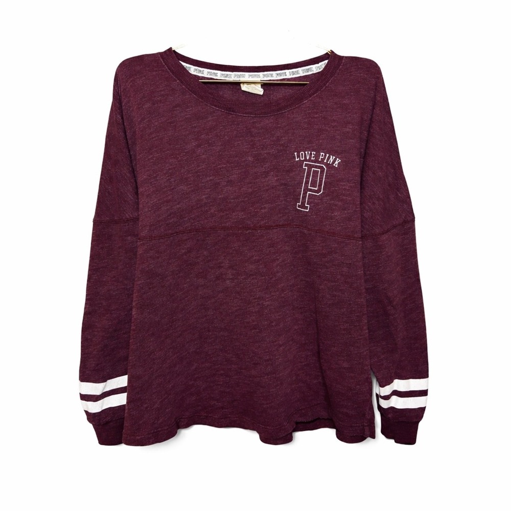 Victoria's Secret PINK Love Pink Varsity Long Sleeve Campus Tee Size L Burgundy - Picture 2 of 6